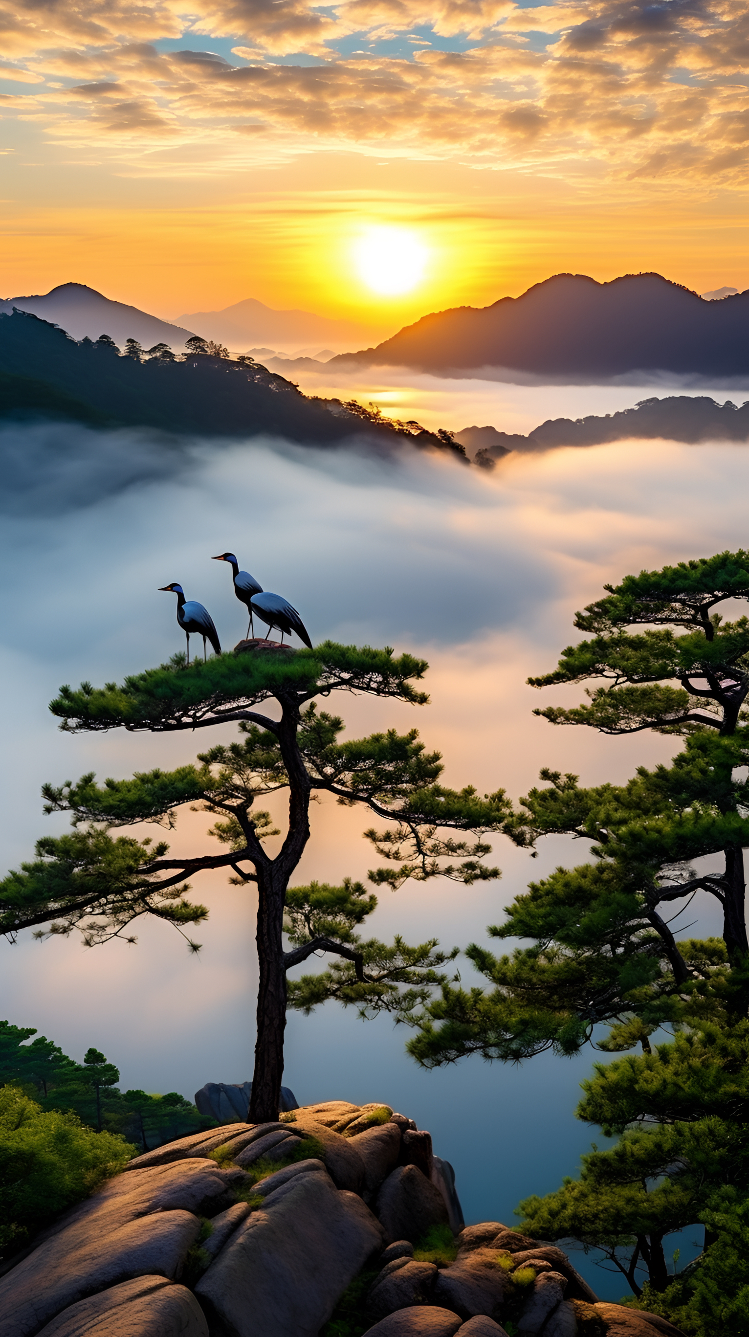黄山上的壮丽自然景观,苍松,云海中的仙鹤和朝阳