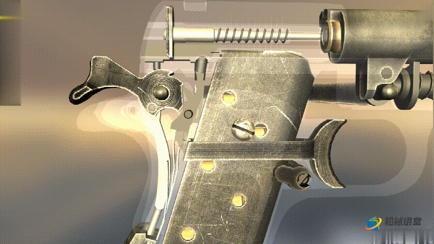 m1911手枪采用了击锤回转式击发机构,工作时依靠击锤簧为击锤提供回转