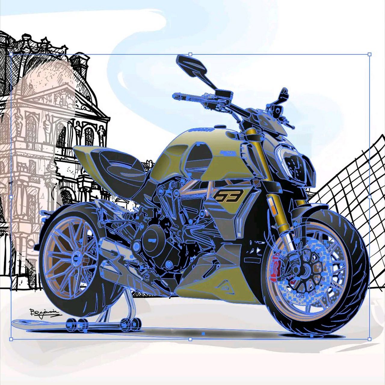 壁纸# #摩托车# 天使与恶魔共舞 杜卡迪兰 x 博基尼 手绘大魔王无