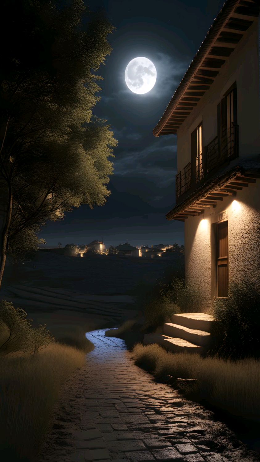 夜空如幕,月光倾洒,石板小路上,孤独的房子静静矗立,仿佛与世隔绝