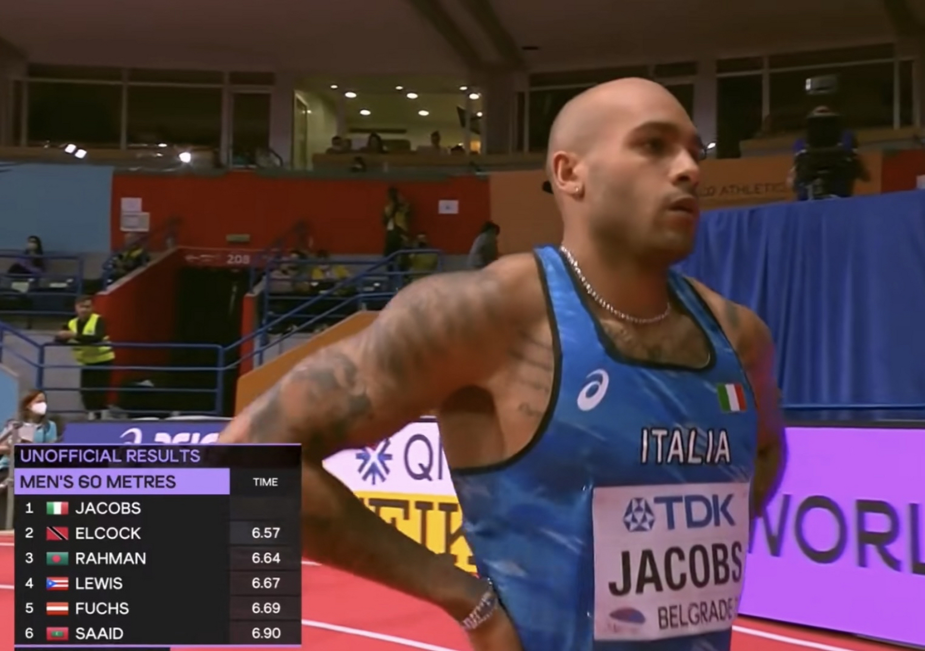 奥运会百米冠军雅各布斯获世界田径锦标赛60米冠军,成绩为6.41秒