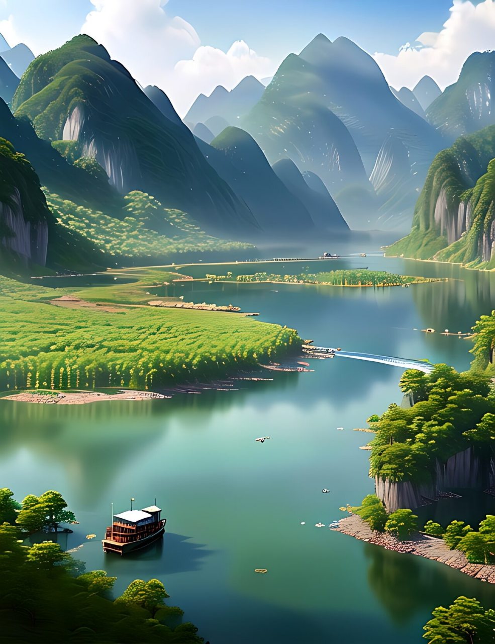 阳光照耀湖泊清,心情愉悦如梦里. 将此美景与友人,分享幸福寻自在.