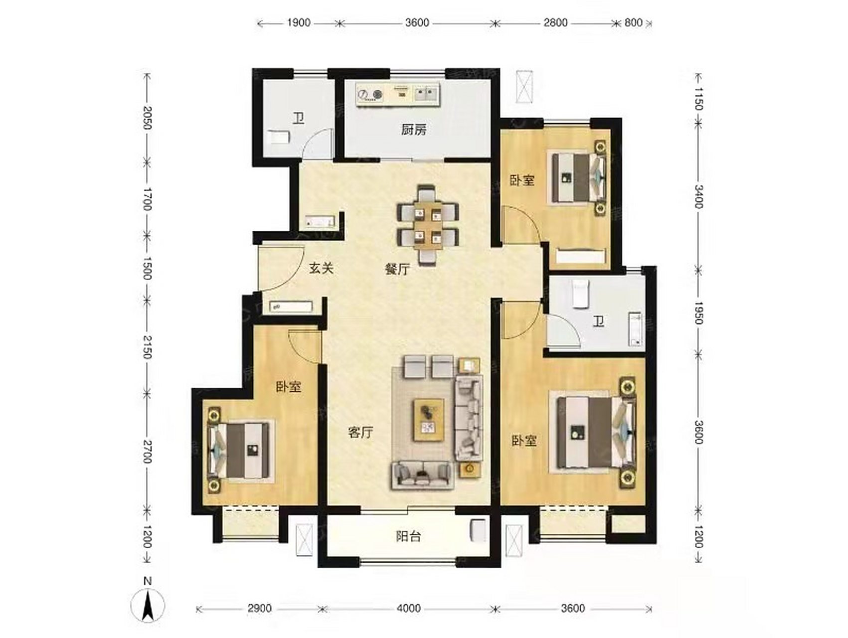 南北通透:厨房的双扇门,使得南北通透空间很大. 2.