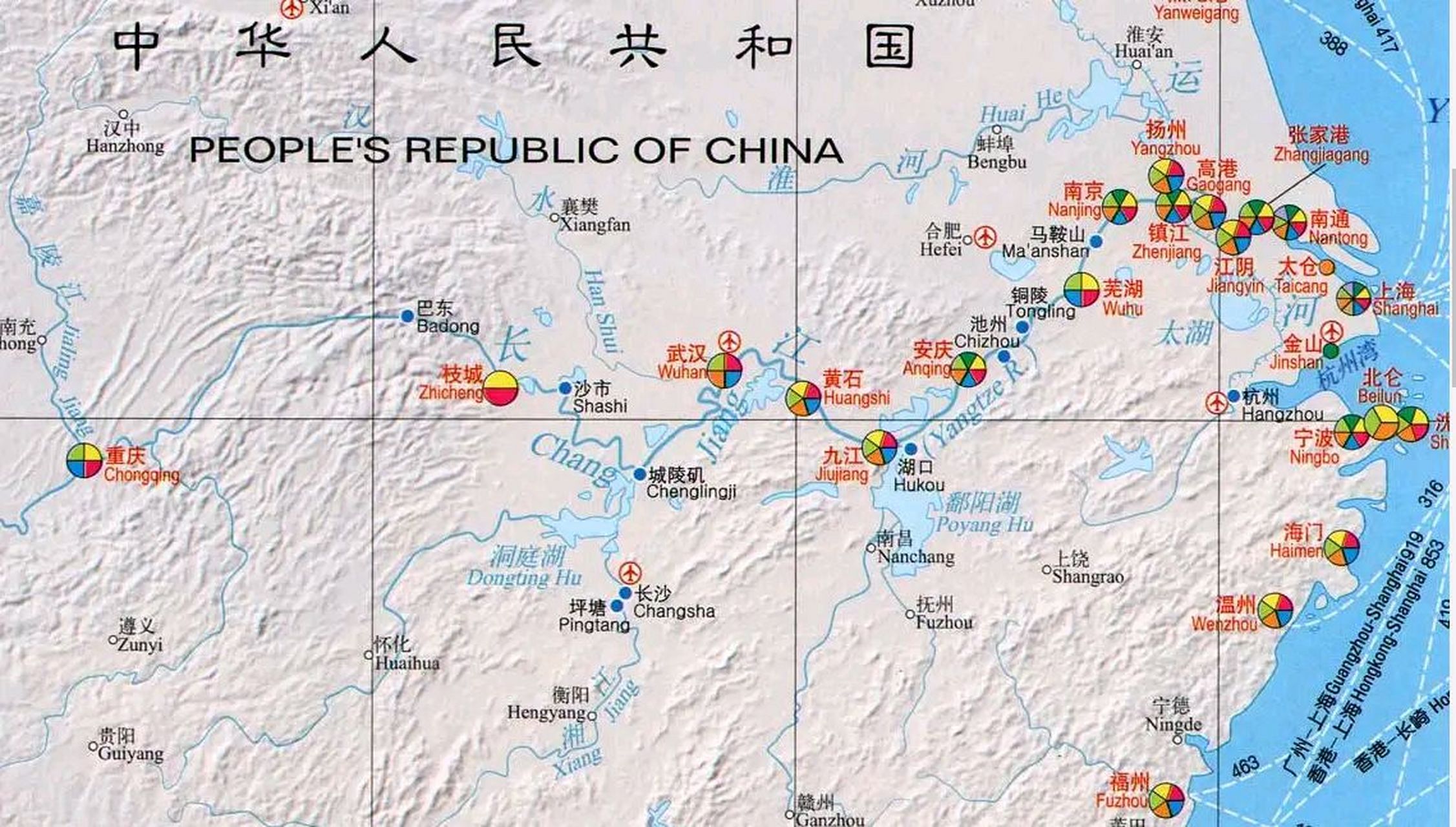 长江沿岸主要港口地图:宜宾港,泸州港,重庆港,重庆市万州港,宜昌市