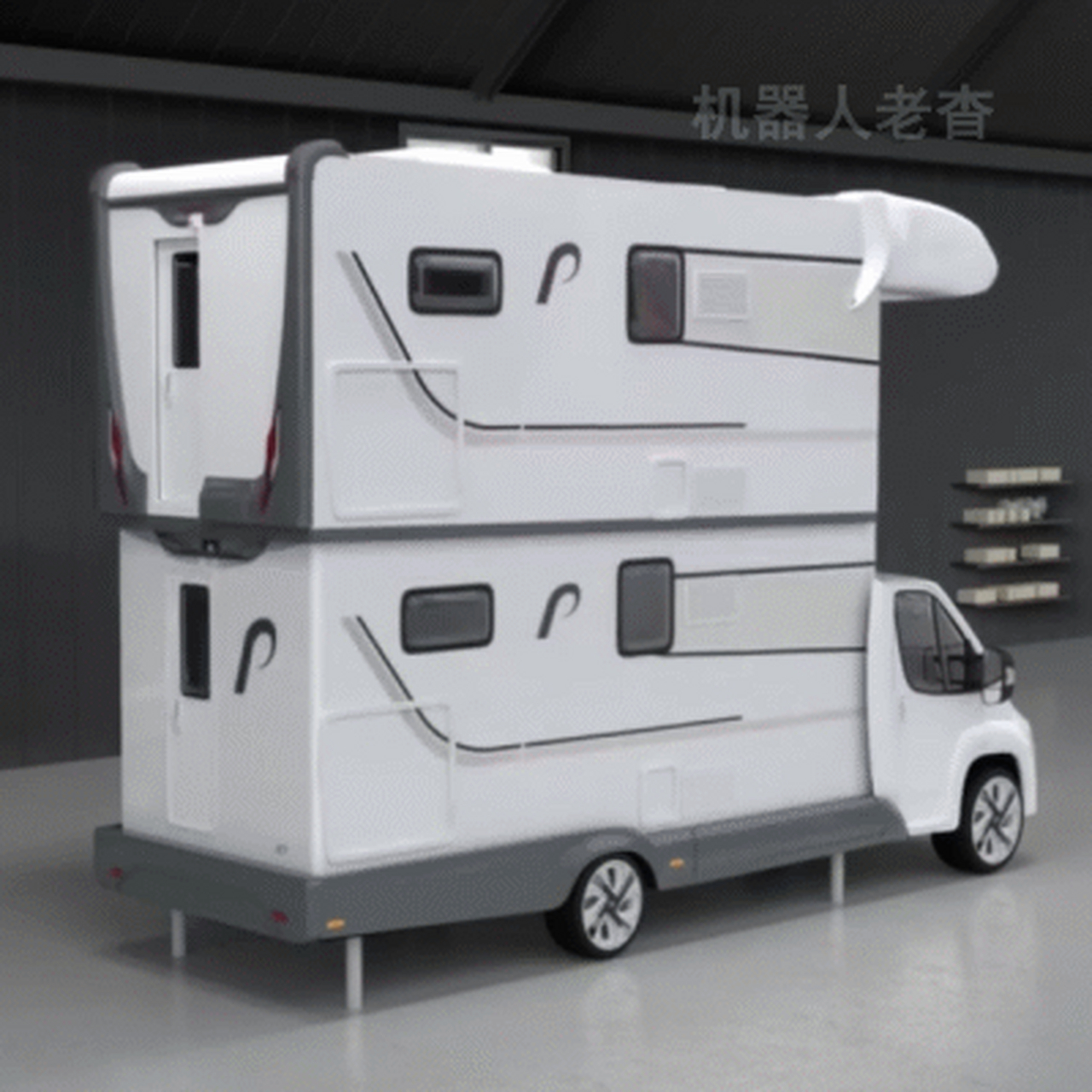 全升顶双层房车设计,套装硬升顶房车演示,升层拓展房车三维动画.