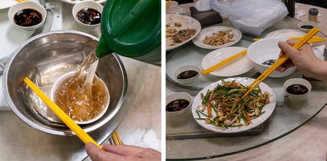 左图:香港一家餐馆的顾客用热茶清洗餐具。右图:使用不同的筷子夹菜和吃饭。