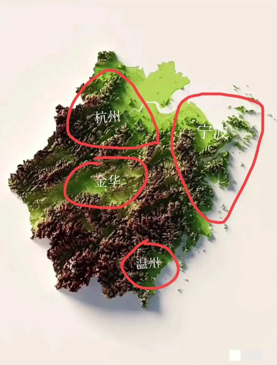 看这个地形,知道浙江为何只发展杭州宁波金华温州四个都市圈了吧.