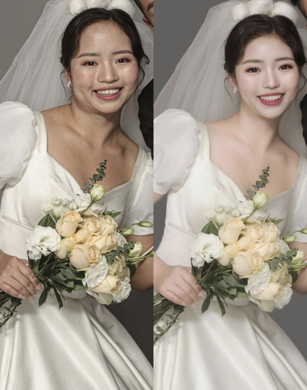 一对新婚夫妻的结婚照对比,不禁感叹修图技术的强大.