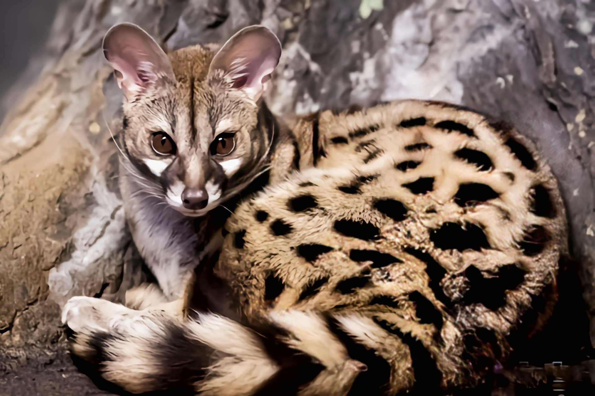 每天认识一种动物——大斑獛 大斑獛 别名非洲璞,虎斑獛,灵猫科哺乳