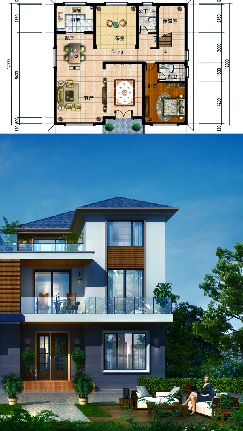 13x12米三层现代风农村自建房别墅设计