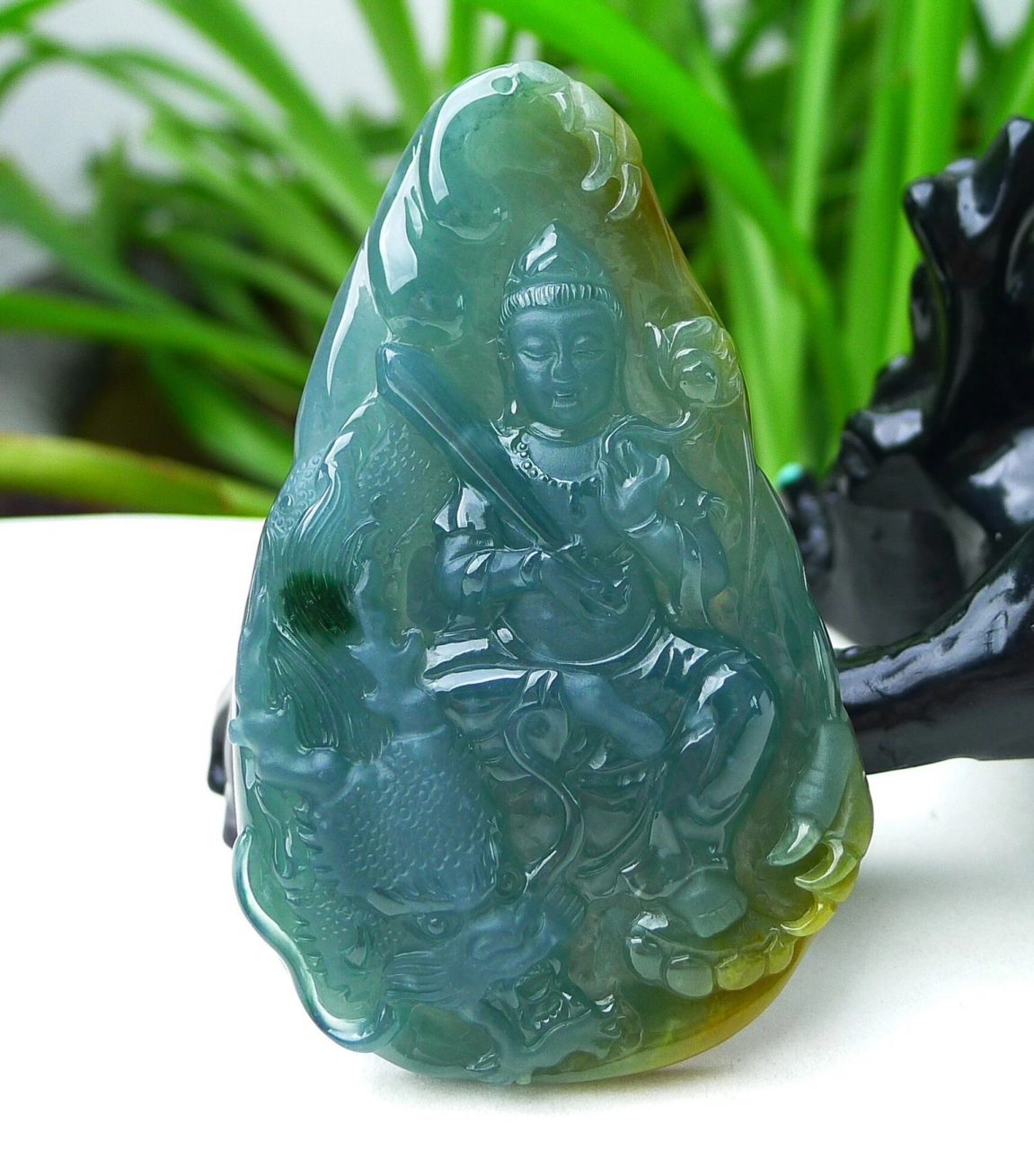 祥龙观音 缅甸天然a货翡翠 精美水润 蓝水双彩降龙观音菩萨 普度众生