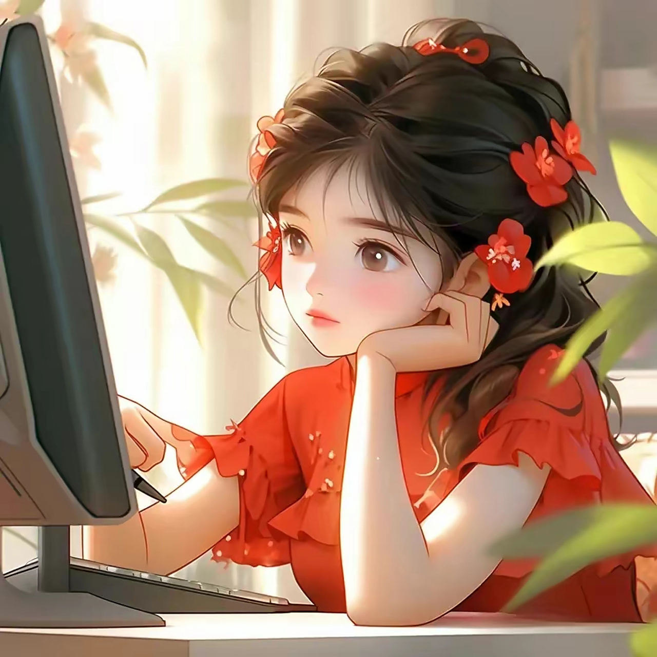 红衣女生头像～花季的少女,在阳光下灿烂微笑