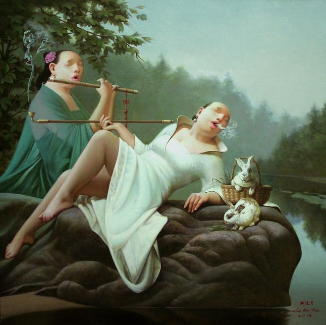 画家刘宝军油画—《抽烟斗的女人》