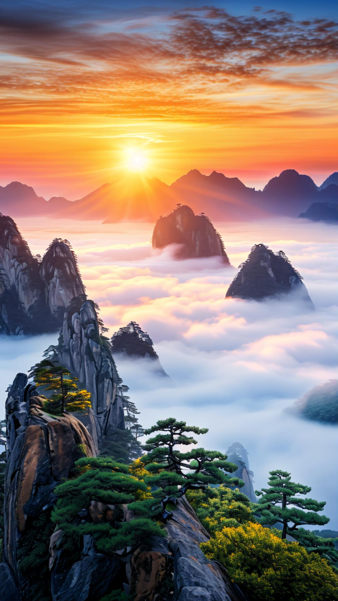 壁纸 |  黄山的日出,云雾缭绕 在黄山的怀抱中,一场绝美的自然奇观