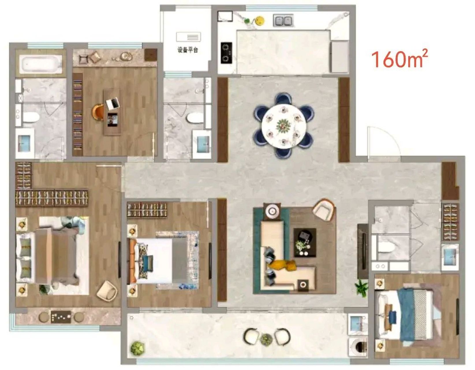 160平米的户型,配置了超大的给水阳台,就这一个亮点就可以打100分了