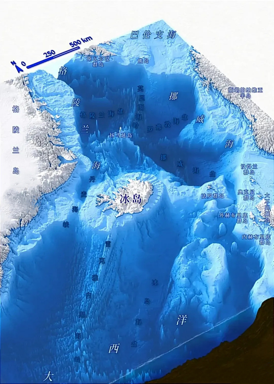 冰岛周边海底地形图,原来真是坐落在一座火山上,怪不得冰岛多地热和