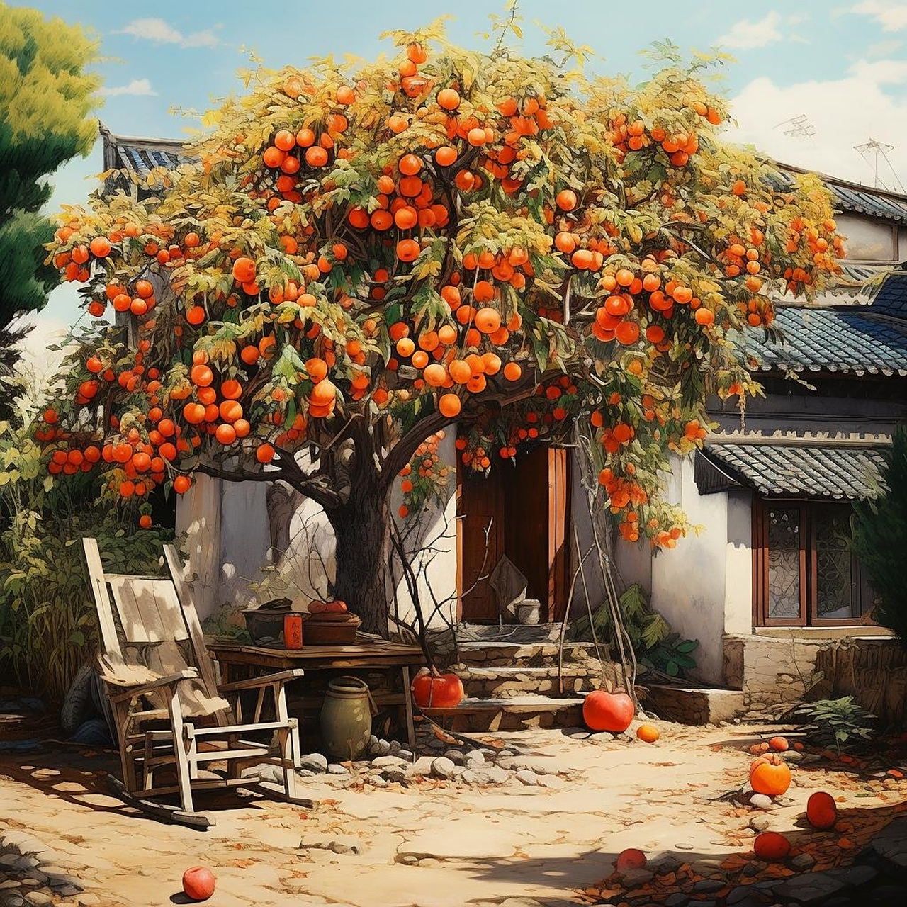 绘画作品:《寂寞的老屋与柿子树》 曾经的老屋与柿子树,曾是上世纪的