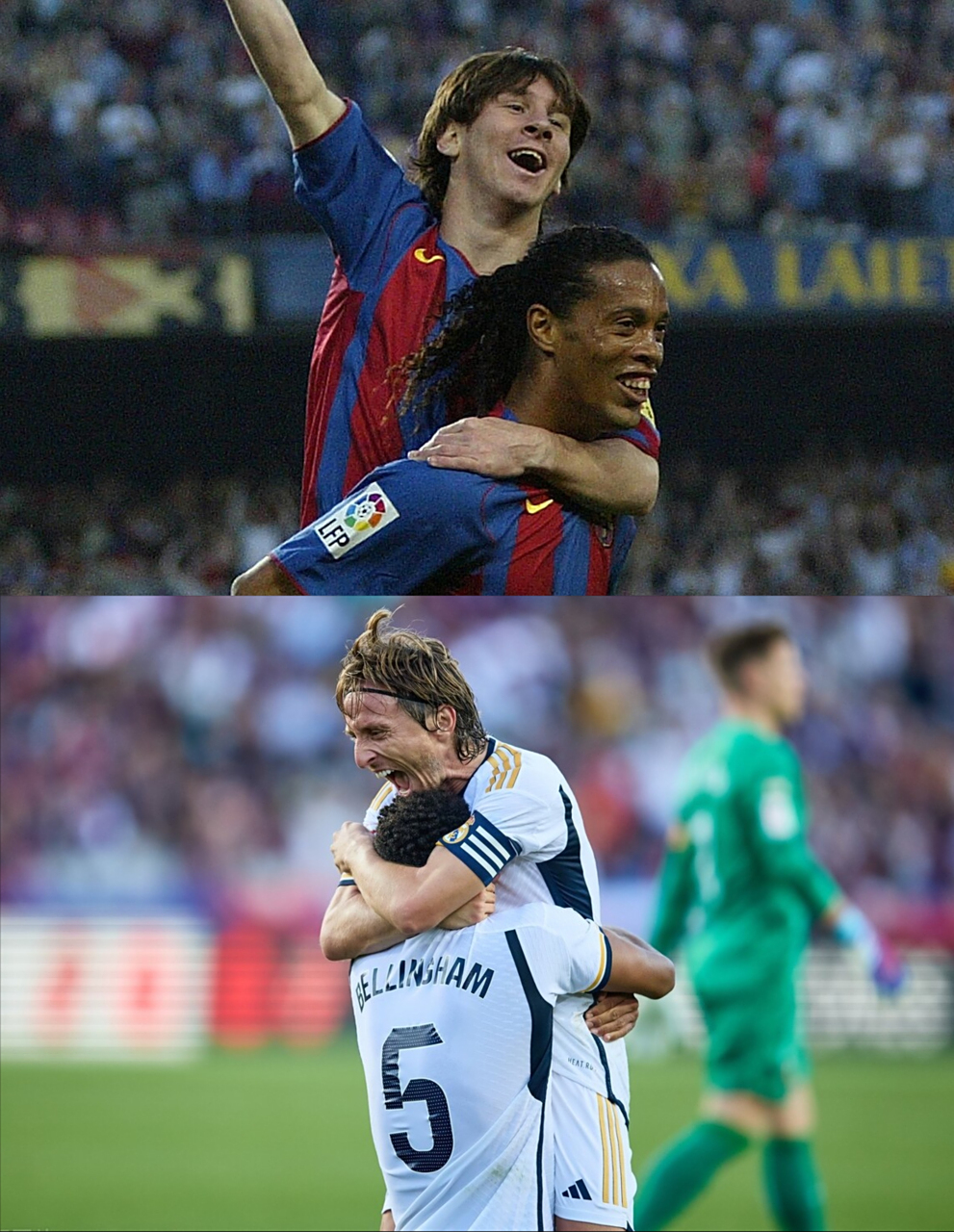 小罗背起梅西,巴萨完成一次金球奖传承……  莫德里奇与贝林厄姆热情