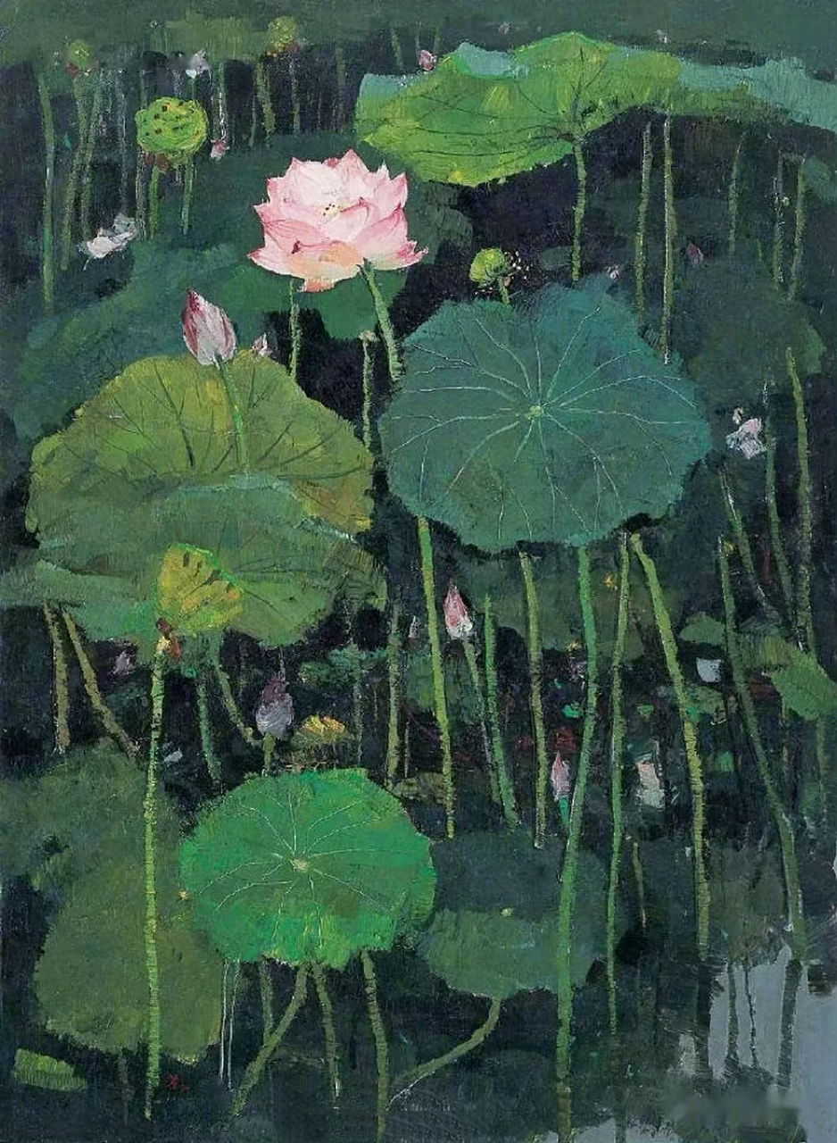 来看看吴冠中笔下的荷花,笔触饱蘸颜料,满满的厚重肌理感,层次分明的