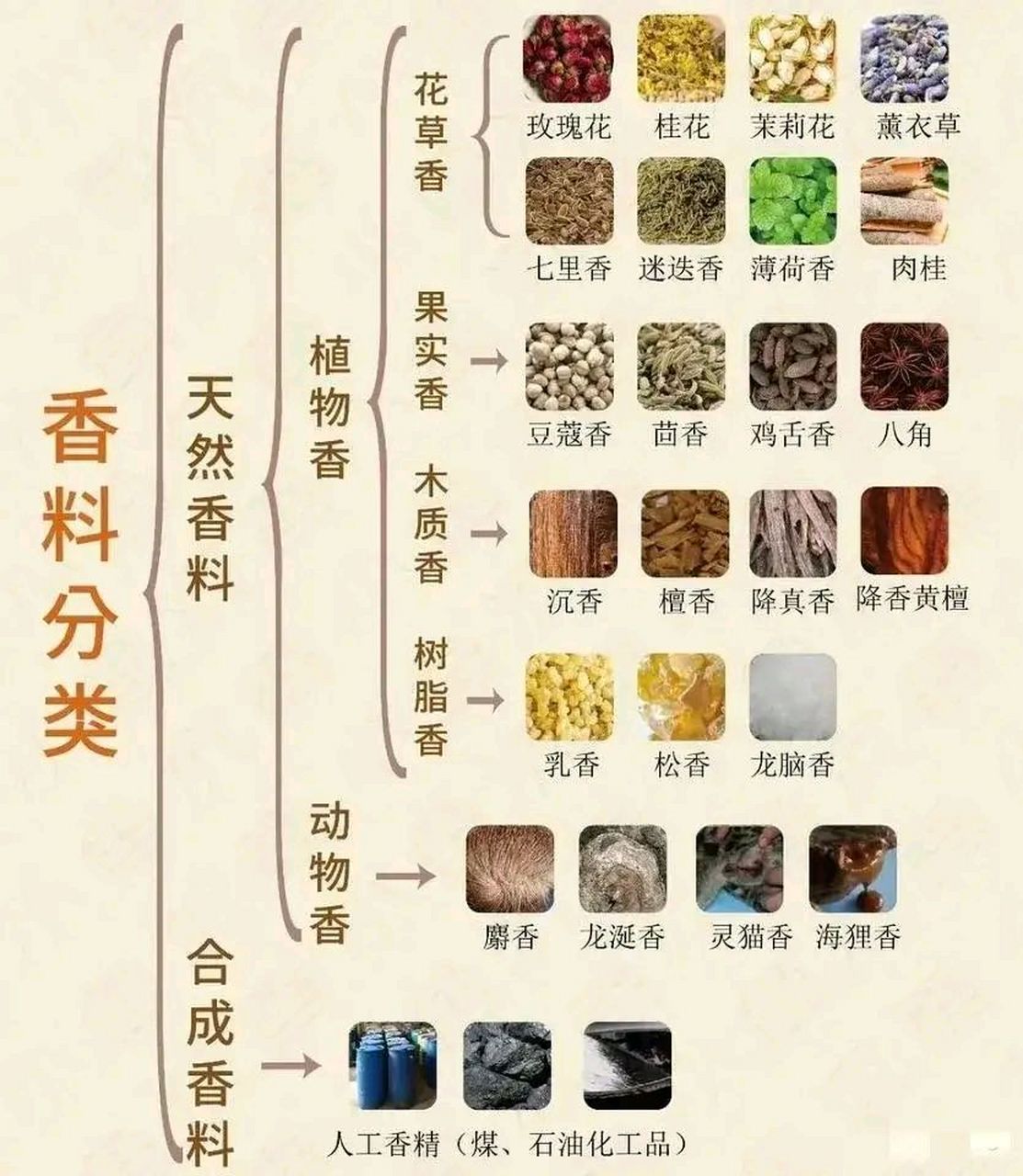 香料分类:天然香料,合成香料 天然香料:植物香,动物香 植物香:花草香