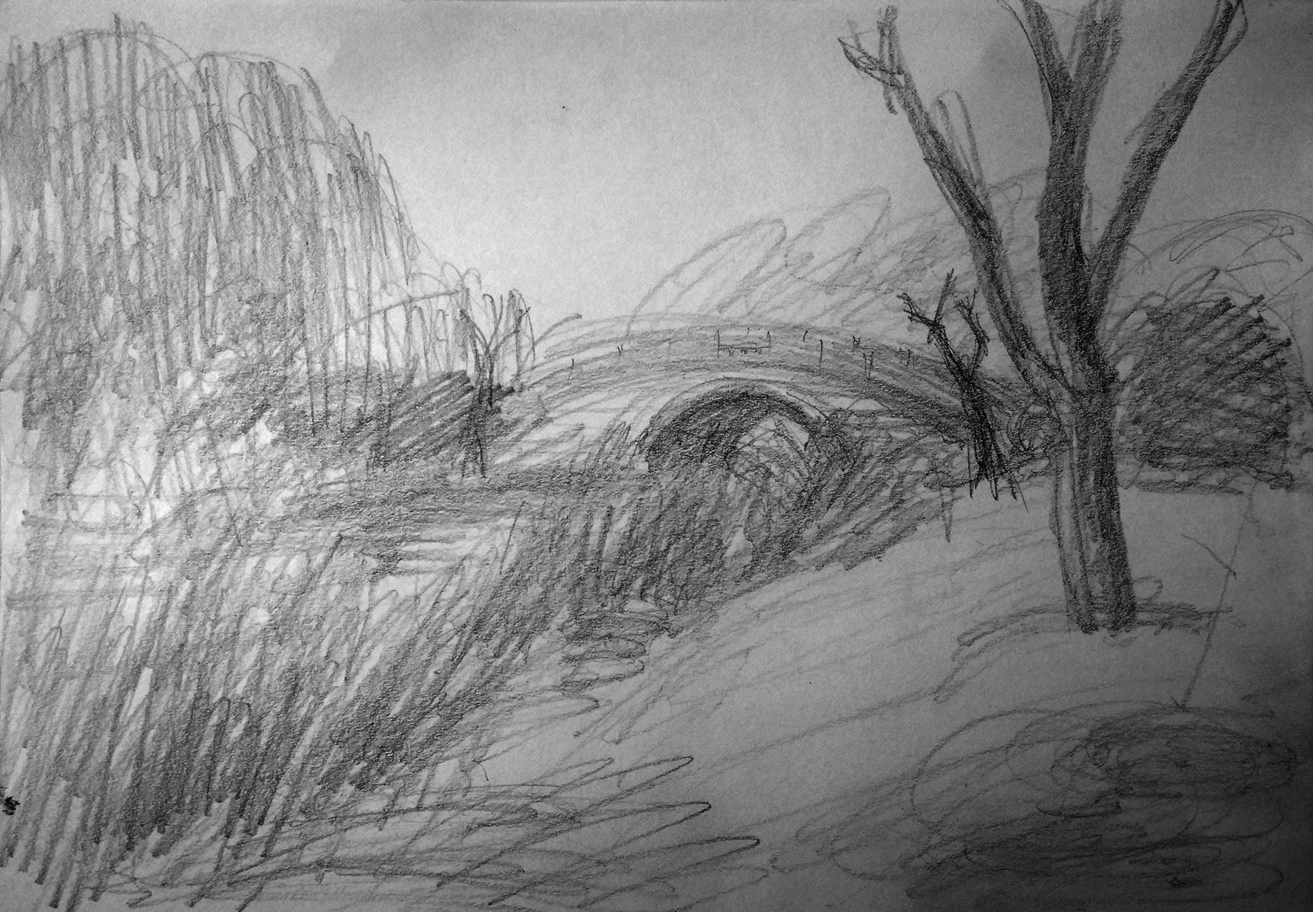 铅笔画风景速写,这是同一处景点,但两幅作画时间相隔十年.