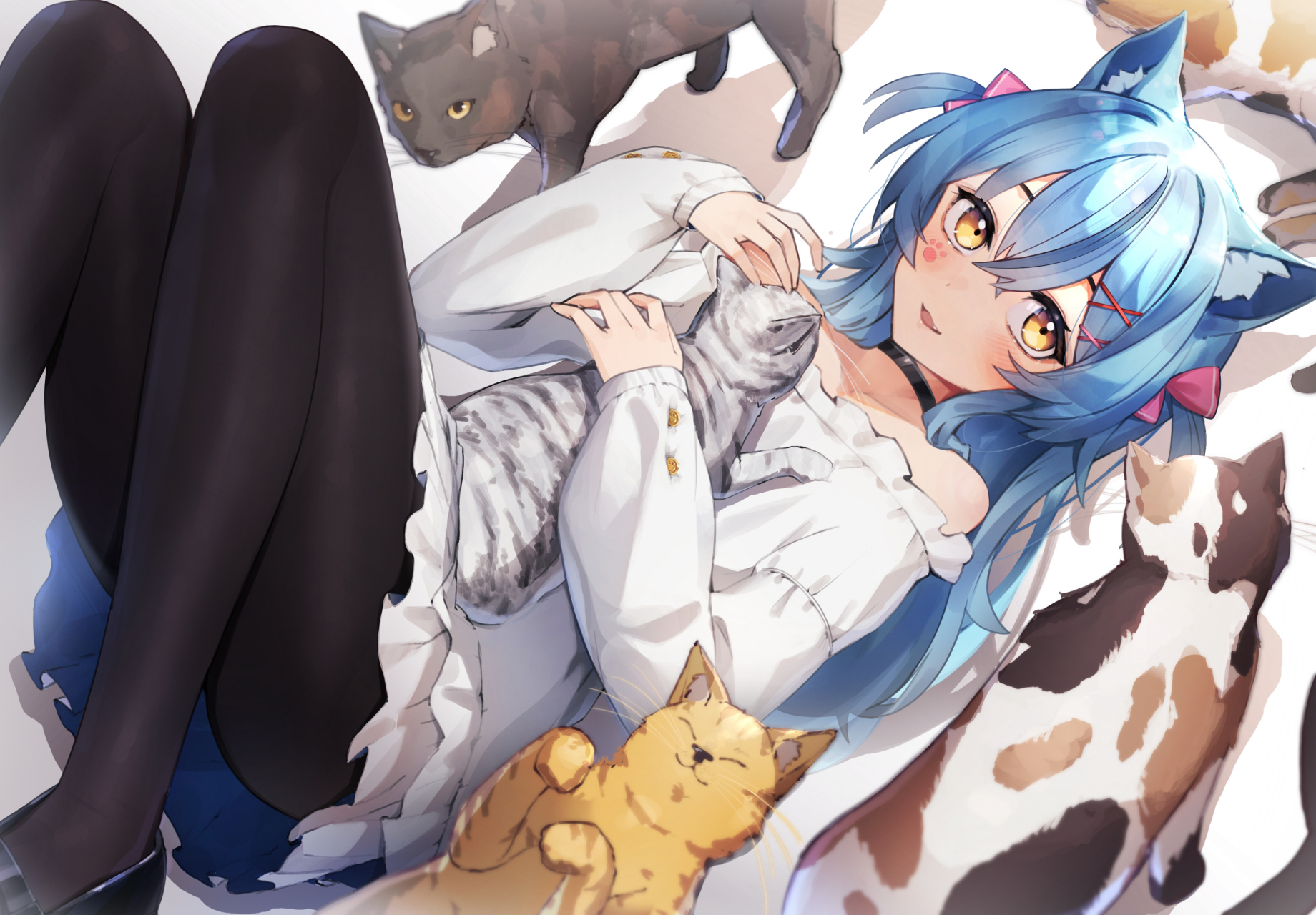 蓝毛猫耳萌妹 画师:e武器#二次元美图# #我爱二次元# #二次元萌妹