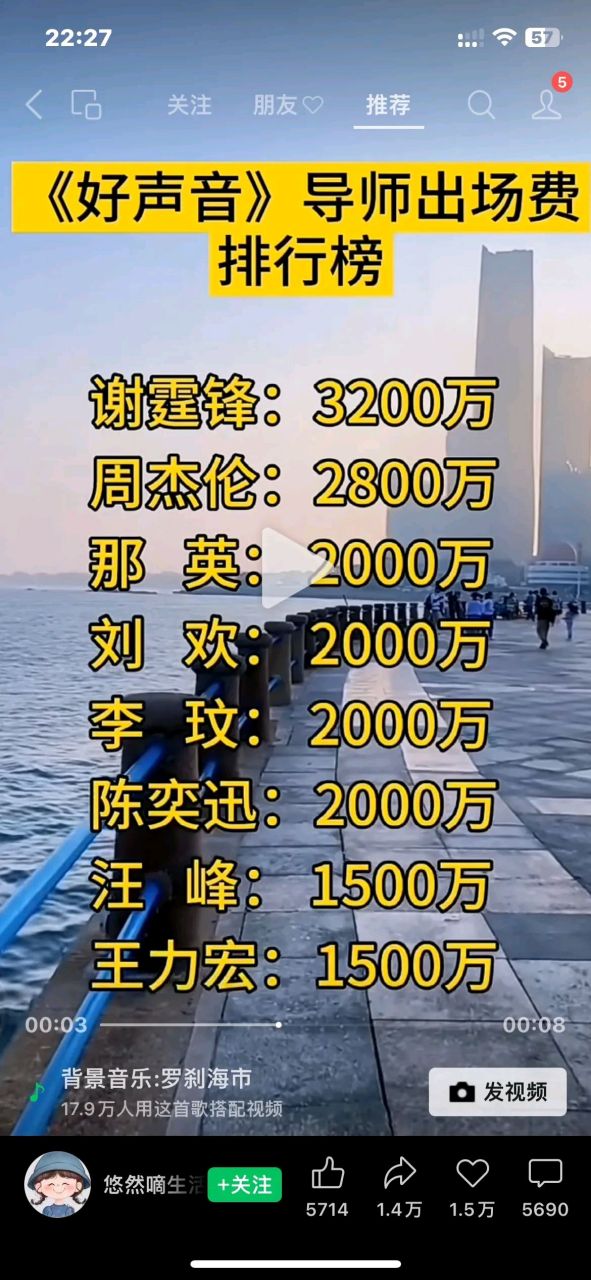 看到大衣哥的出场费5万元,露露脸,唱一首歌就挣这么多钱,很多人表示不