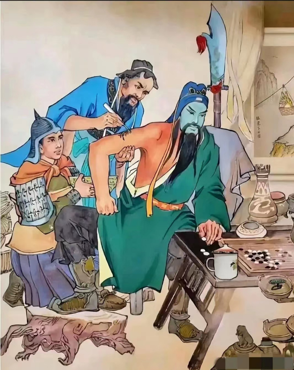 这幅"关公刮骨疗毒"的画,我怎么觉得上面有很多现代人留下的痕迹呢?