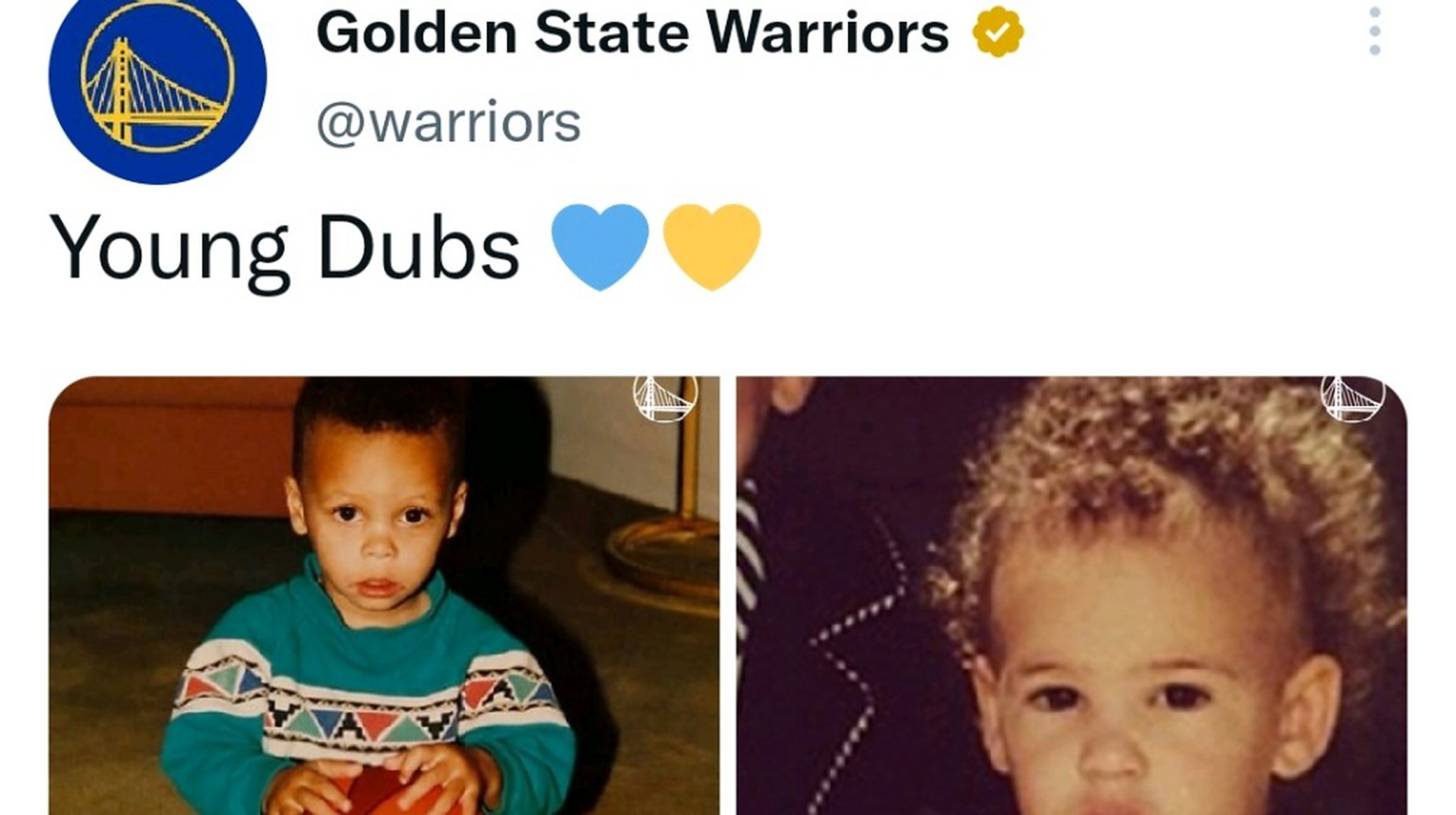 勇士官推更新库里和汤普森儿时照片,配文:年轻的dub,dub是w的发音