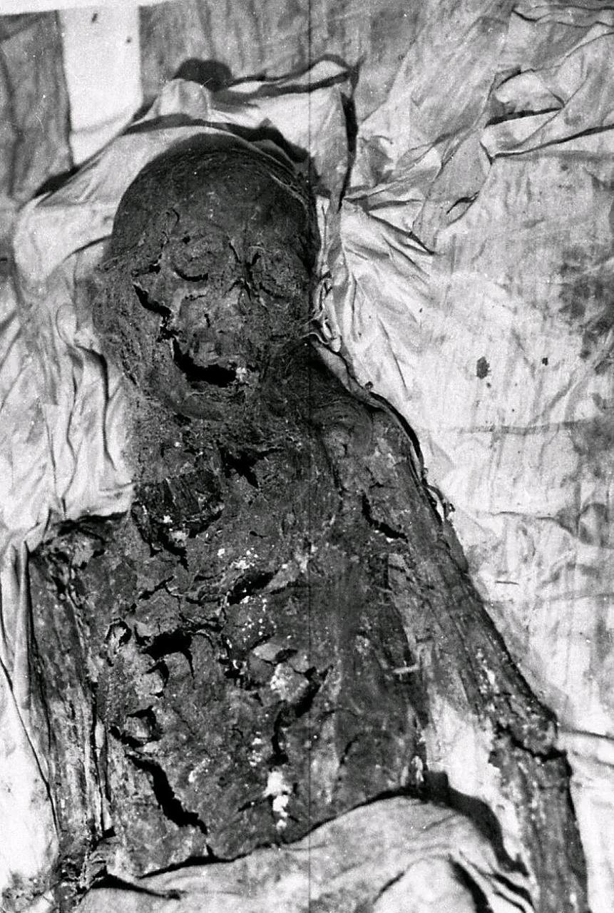 984年1月,清东陵文物所清理慈禧太后内棺拍摄的慈禧太后遗骸,是干尸的