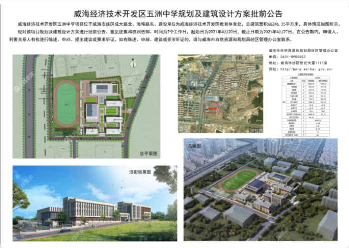威海经济技术开发区五洲中学规划出来啦!总建面65246.35平米