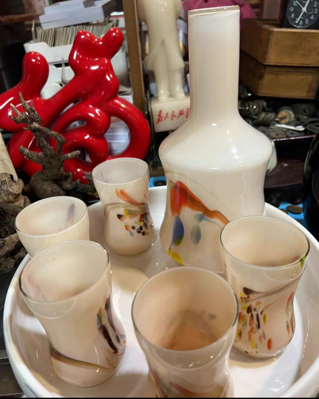 八十年代玻璃器皿,吹花玻璃器皿,水杯一组,合计六件, 情怀收藏品 怀旧