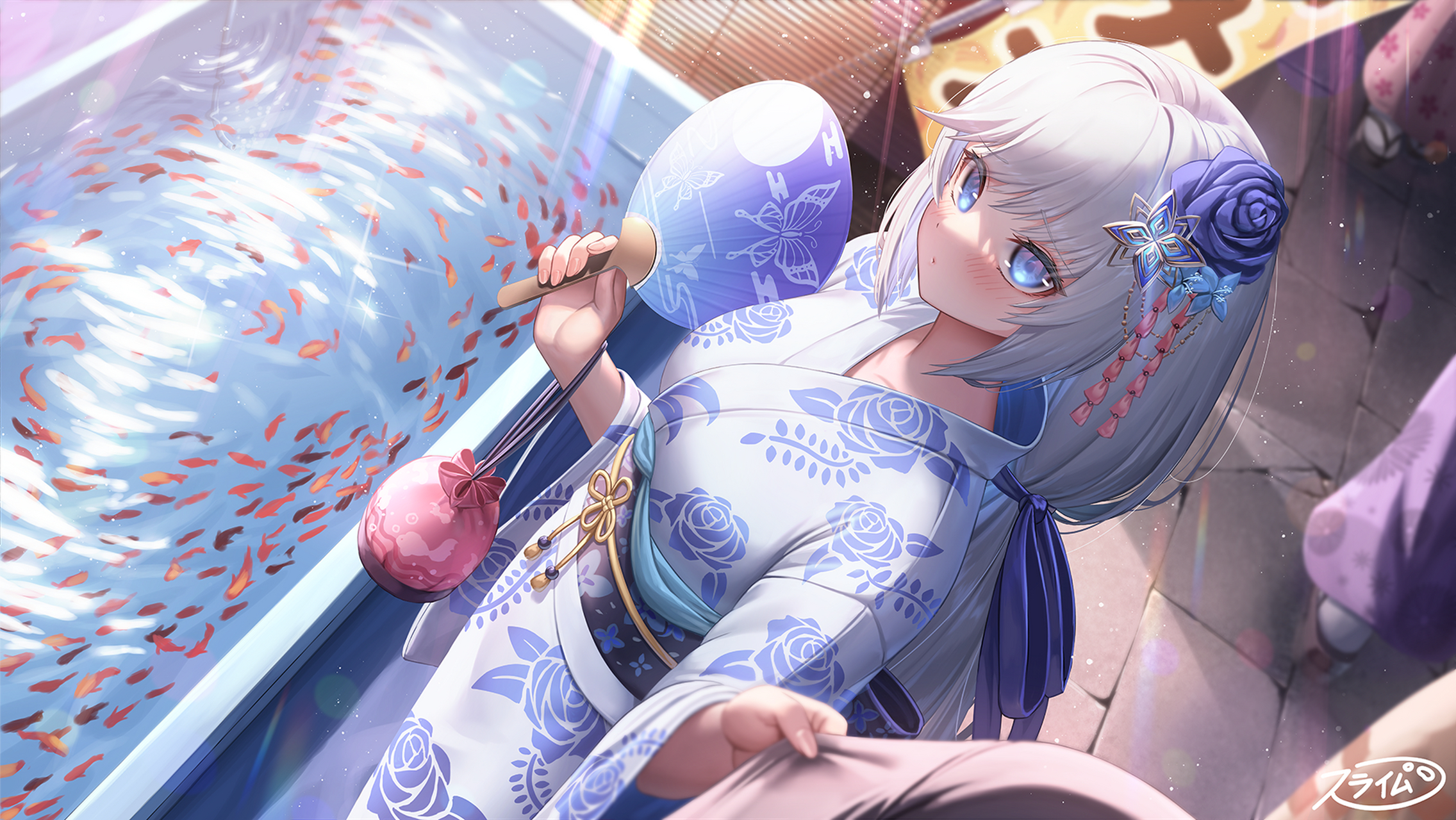 插画#  可爱的浴衣少女,白发蓝眸 画师:スライム