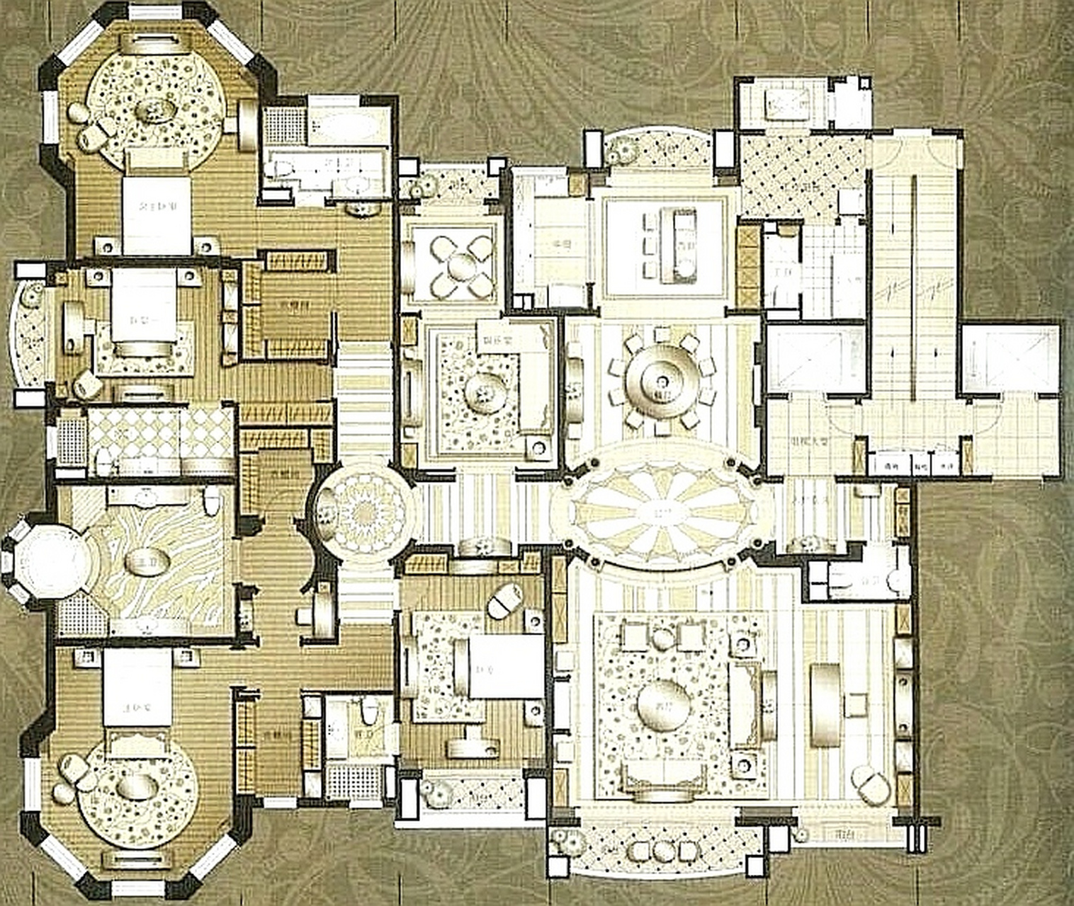 这是一套面积500平的超大平层房子,五房五厅五卫的格局,每个空间都很