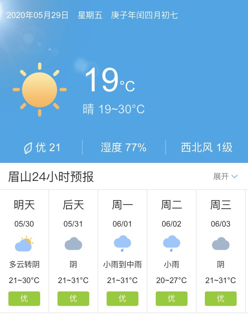 四川眉山5月30日起未来五天天气预报