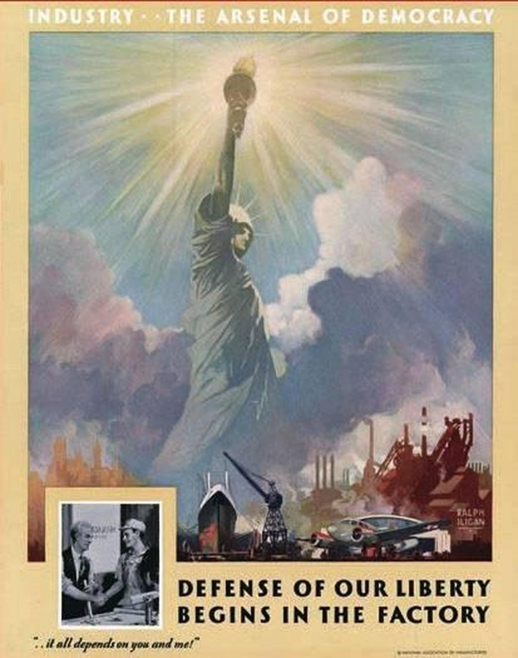 美国二战期间的宣传海报,主题是关于兵工厂的
