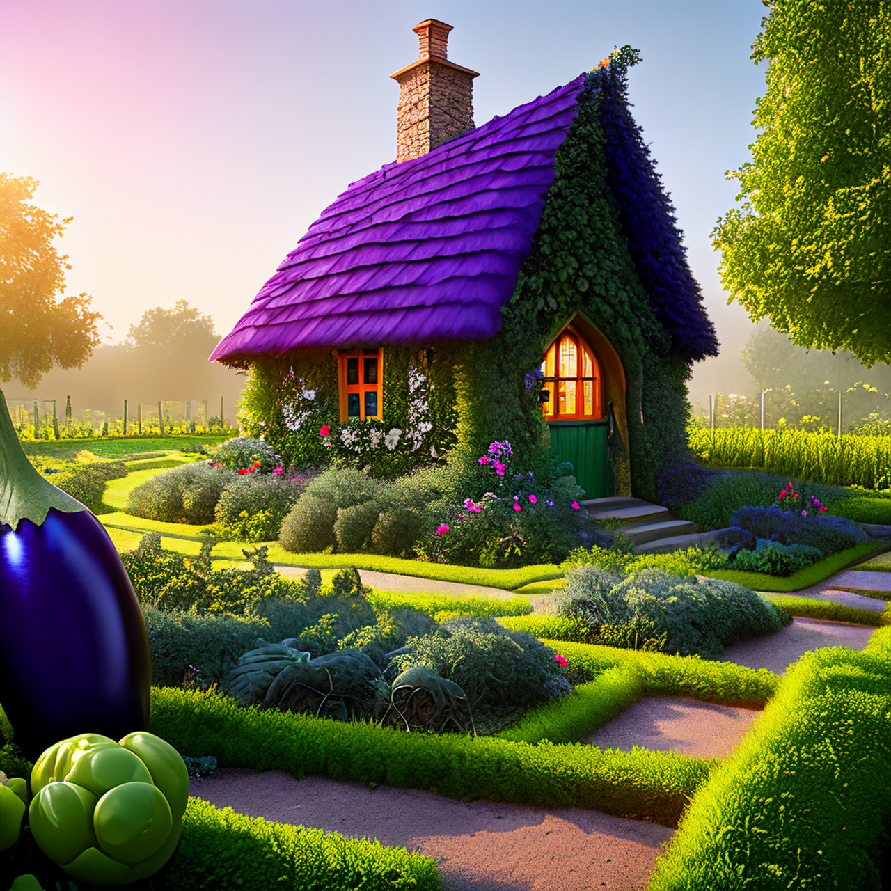 在童话菜园中,有许多茄子小屋,它们构成了一幅别具特色的景象.