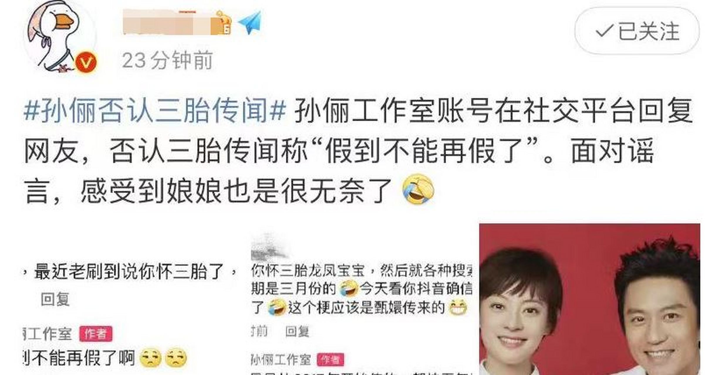 孙俪怀第三胎龙凤胎传言不实,为2017年虚构信息.