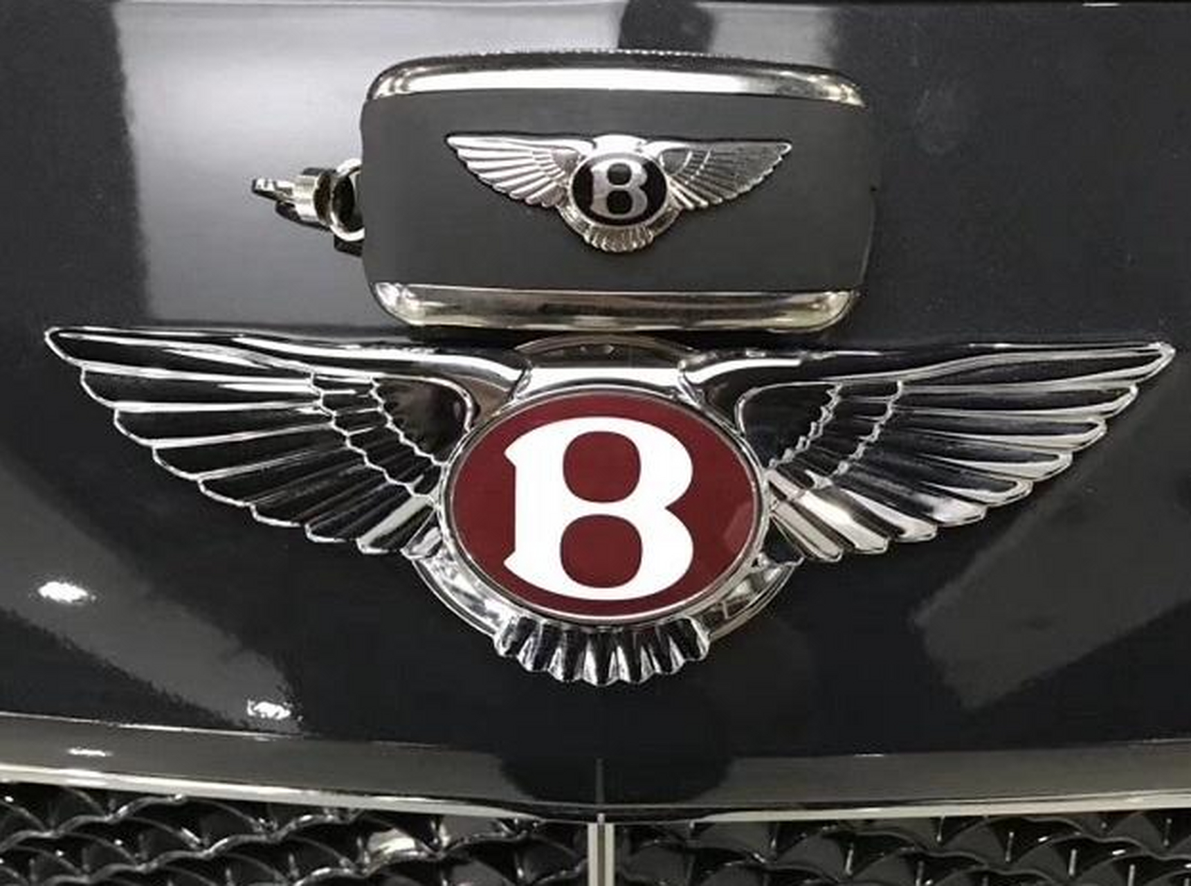 宾利车标,优雅的对称设计,由展翅飞翔的雄鹰图案构成,彰显高贵金属