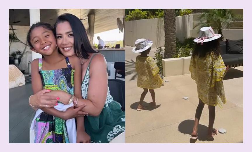 瓦妮莎1家4口海滩游,穿碎花裙好美!少女感满满回到巅峰身材