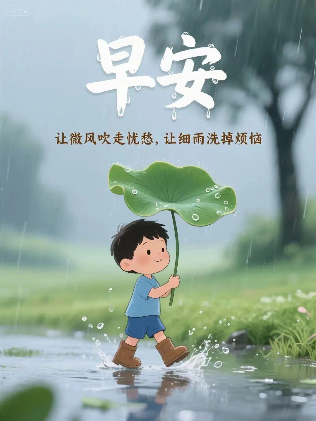 早上好,15张下雨天祝福图片,雨天路滑,小心脚下,注意安全