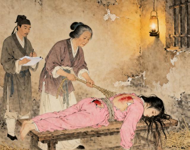 古代杖刑画面血色木凳上的女子与权力的冷漠证言与历史