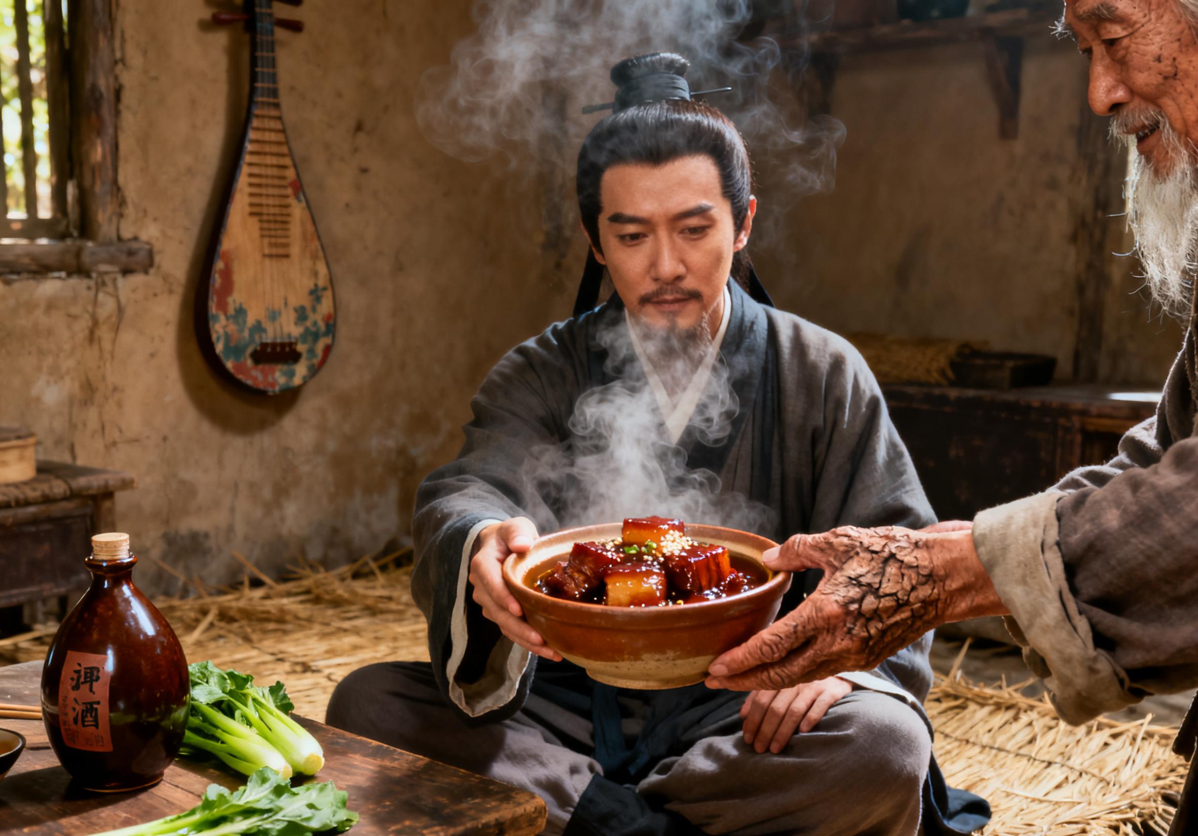 故事:苏轼被贬黄州,友人皆避之,唯有一老翁送来"东坡肉",苏轼大笑:此
