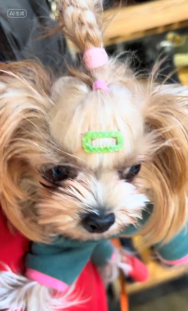 约克夏俏皮扎辫逛街头,欢乐撒娇暖化人心