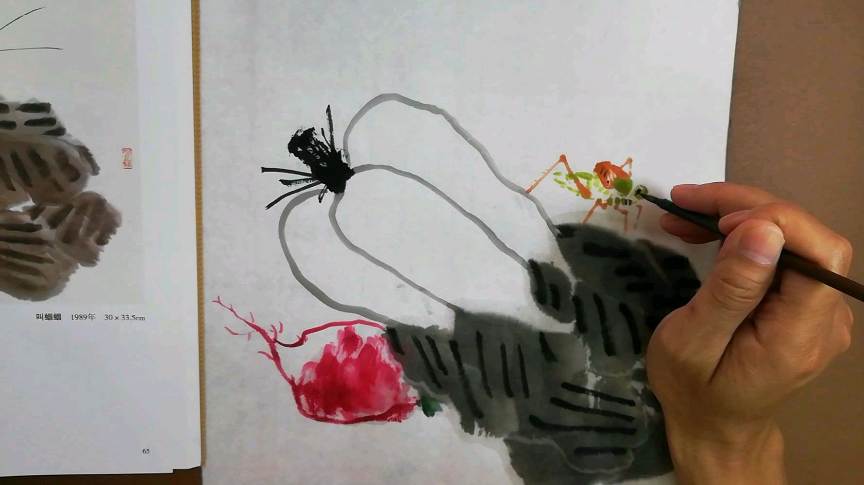 国画:学习萧朗的白菜萝卜蝈蝈图,萧先生真不愧是王雪涛的高徒