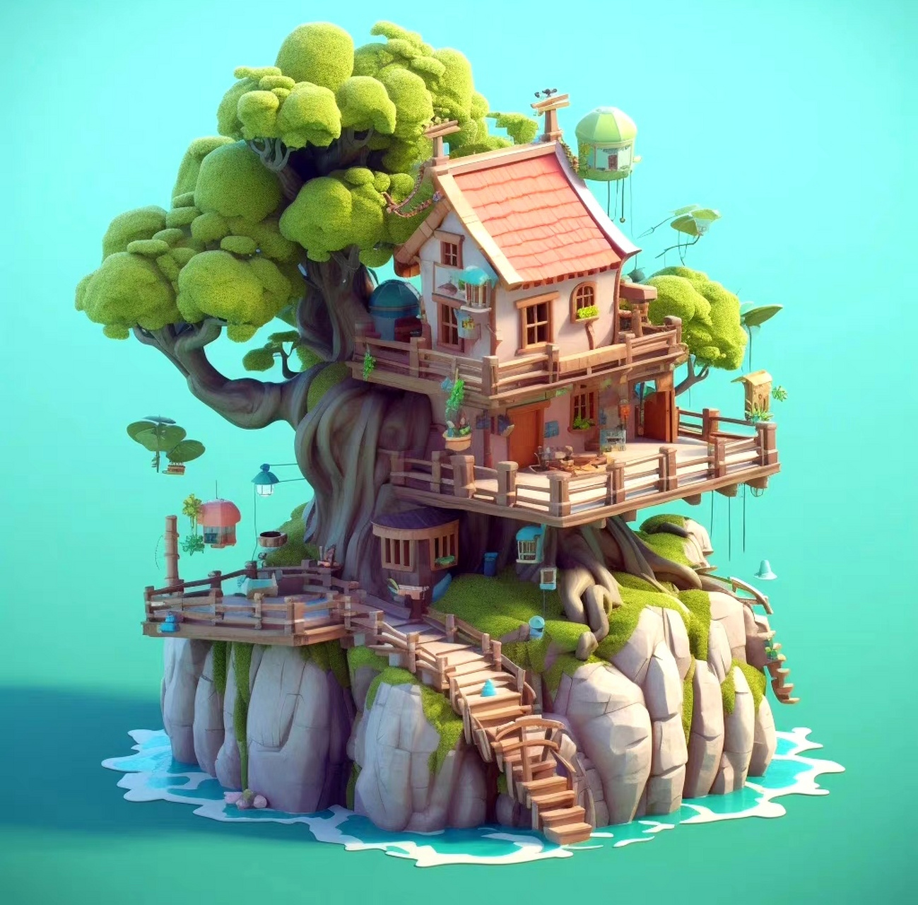 一组带有梦幻色彩树屋,是想象中的样子,by midjourney.