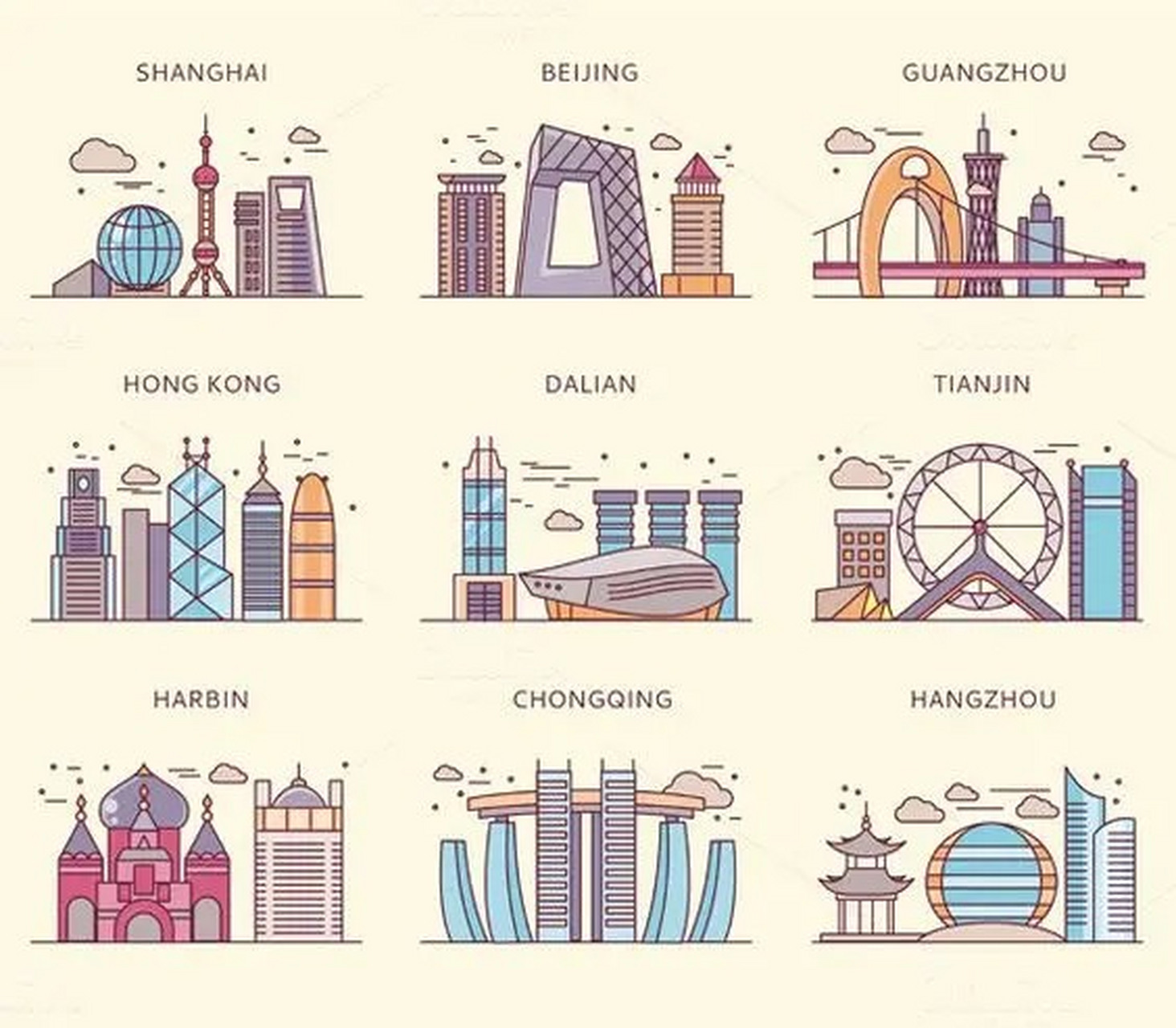 九大城市地标建筑卡通图!你能认出几个?