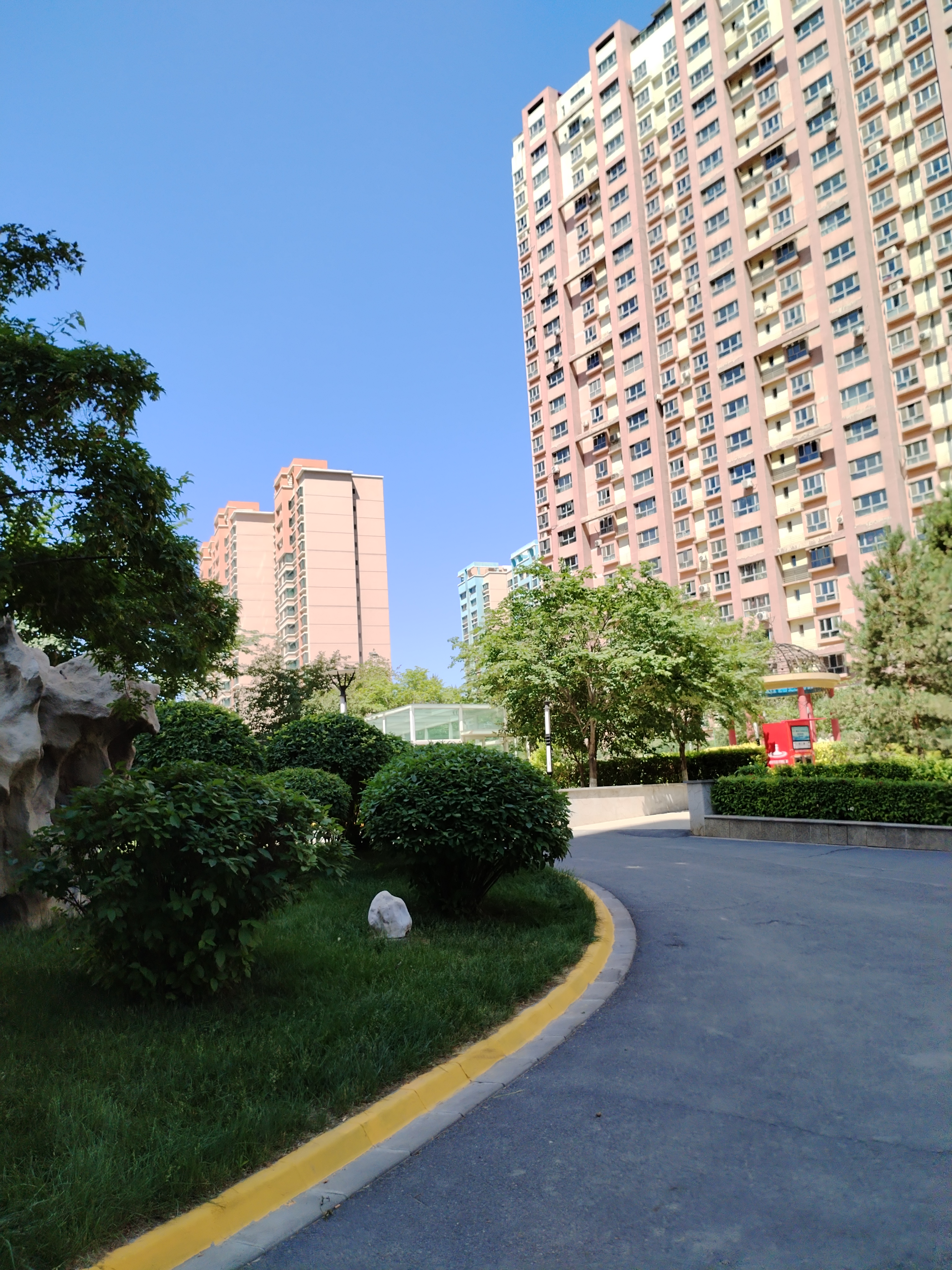蓝天下绿叶中的小区小景色