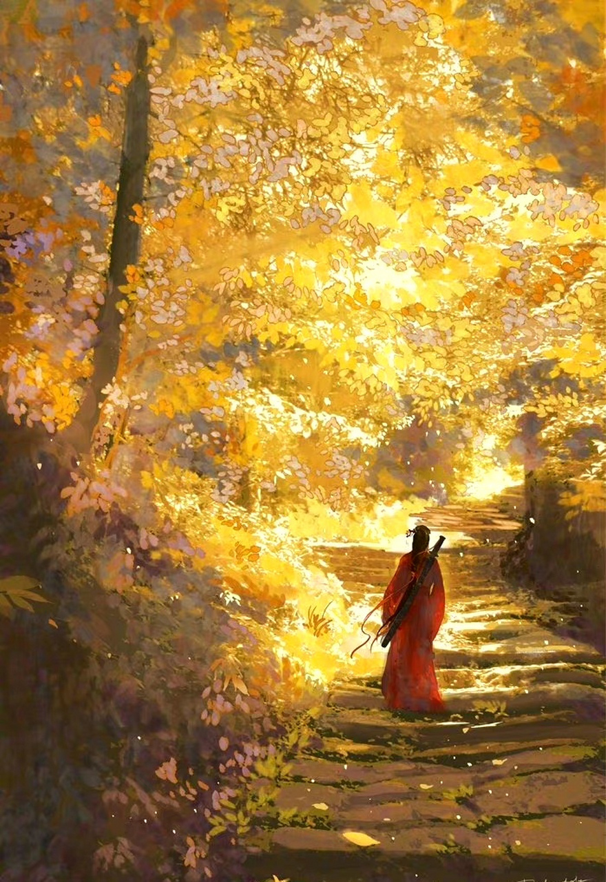 古风意境插画:红叶黄花秋意晚,千里念行客.by redmatcha.