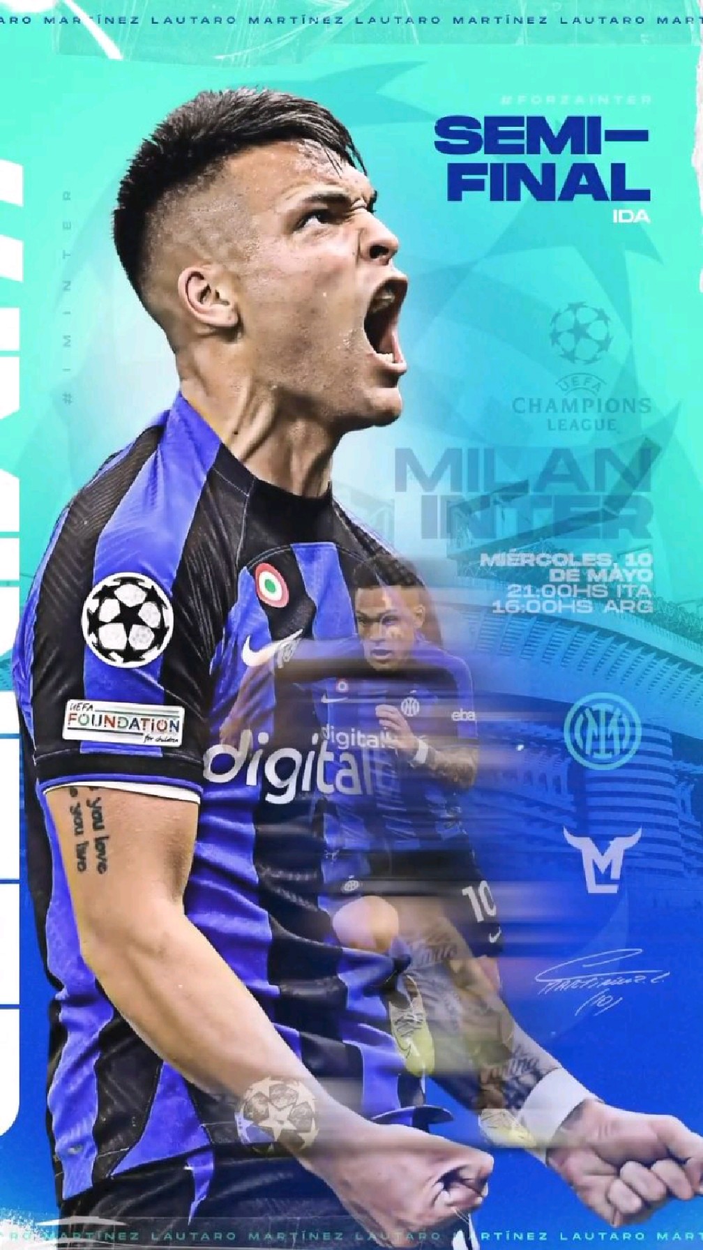 欧冠半决赛ac米兰vs国际米兰,劳塔罗发布赛前动态海报!